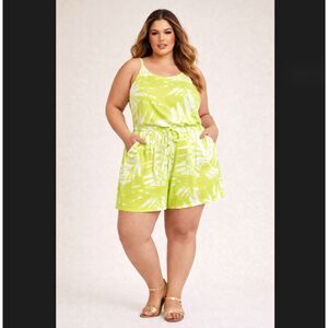 Torrid Romper 2X Palm Leaf Print Tie Green Soft Knit Pockets Stretch Resort NWT